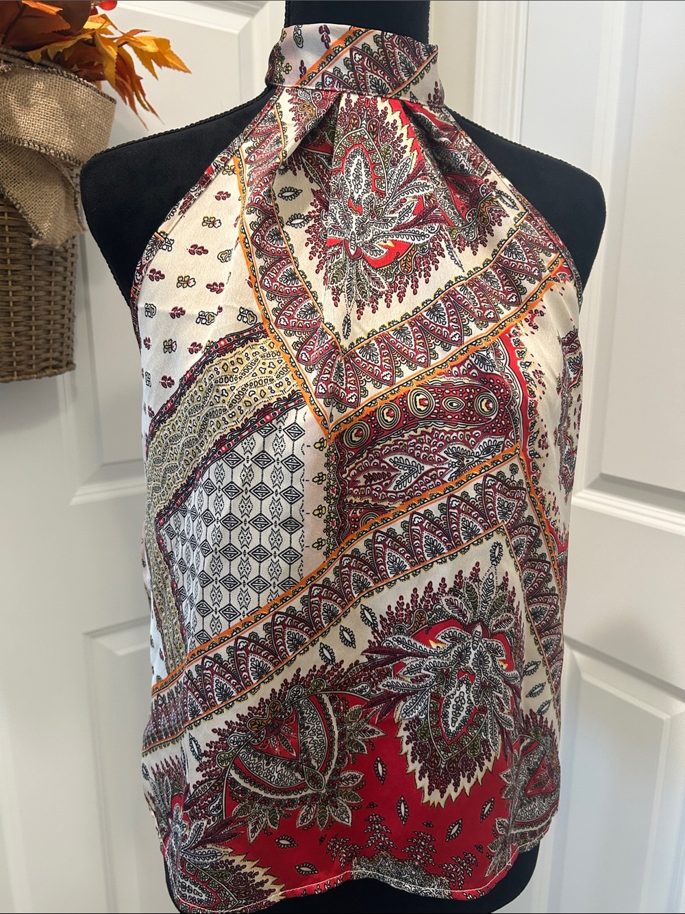 SHEIN Red and Cream Paisley Halter Scarf Top